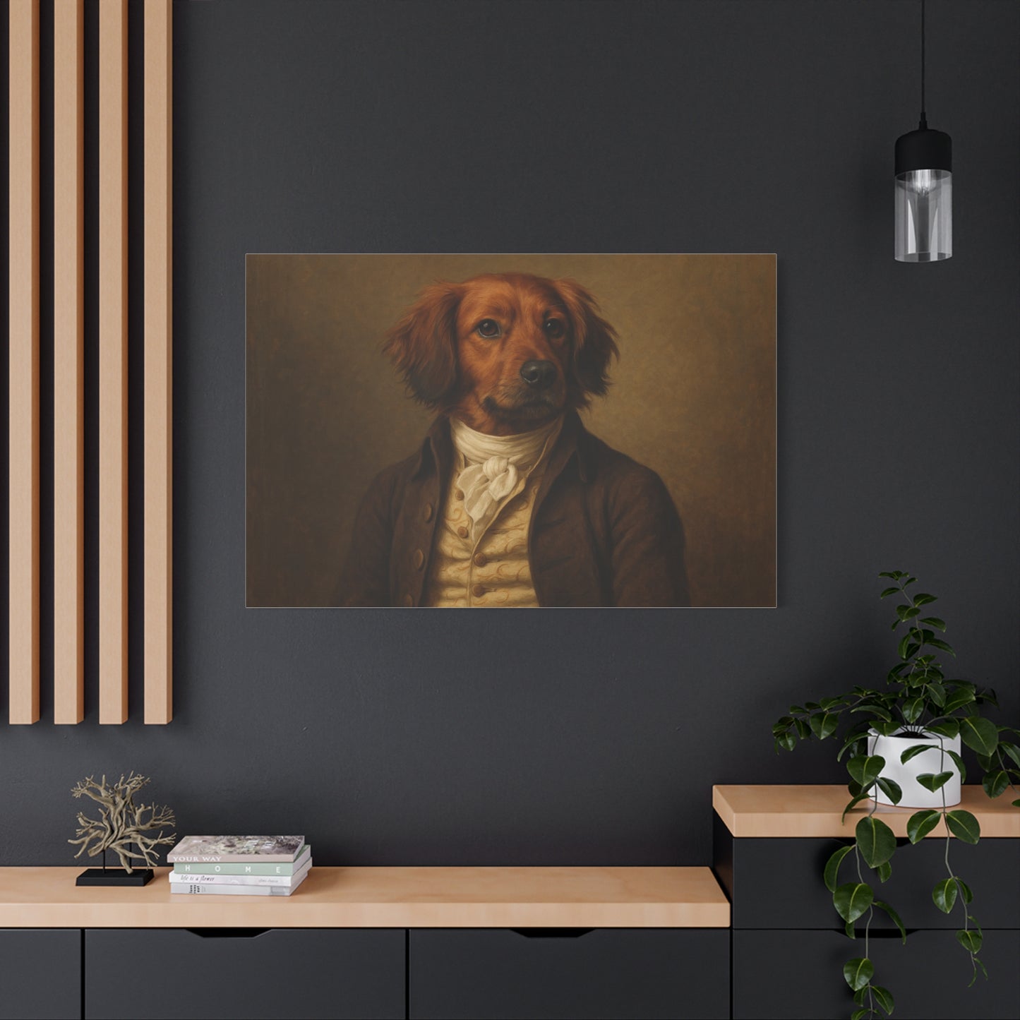 Printify Regal Dog Portrait on matte canvas, featuring detailed pet artwork suitable for home decor.