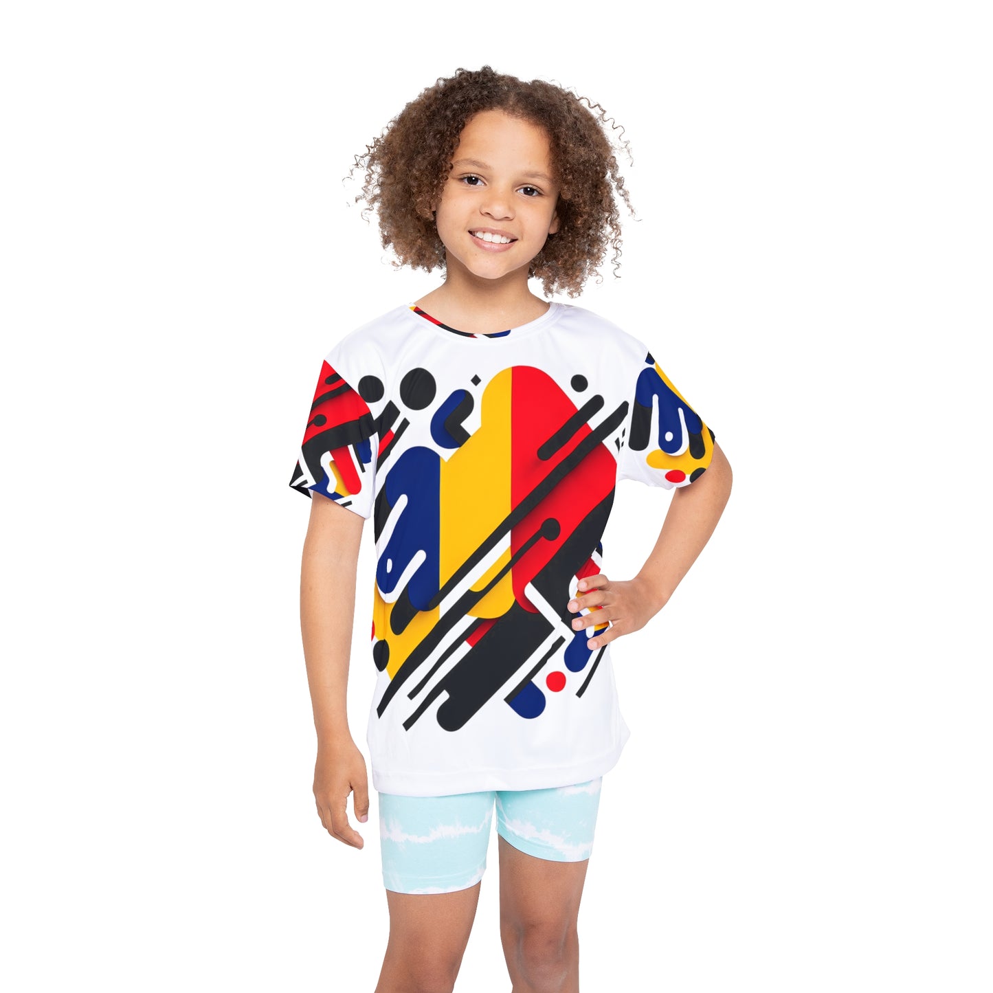 Colorful kids sports jersey with all-over print, designed for young athletes, featuring vibrant athletic tee graphics.