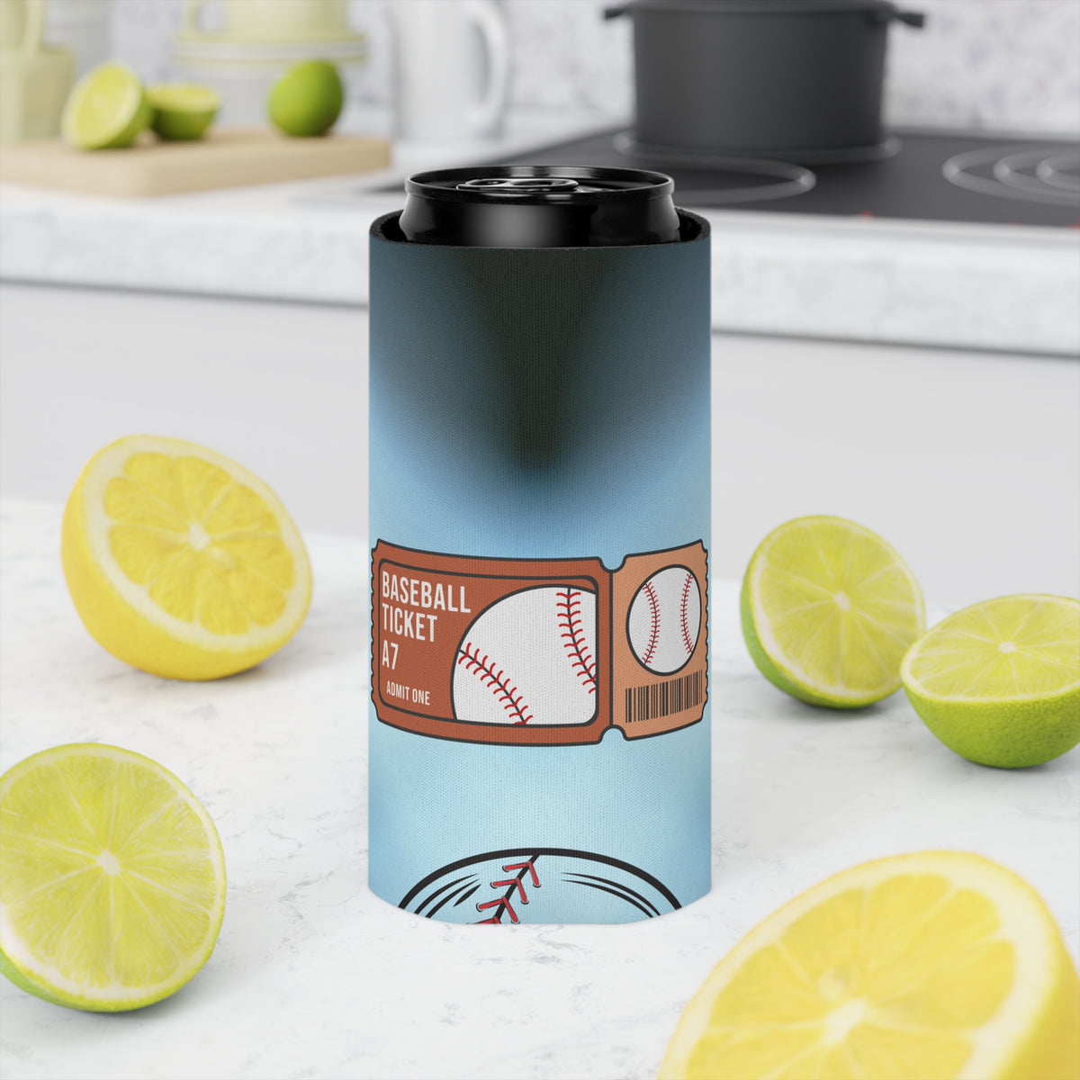 Baseball ticket can cooler by Printify, a game day beer koozie in vibrant colors, designed to keep drinks cold at sporting events.