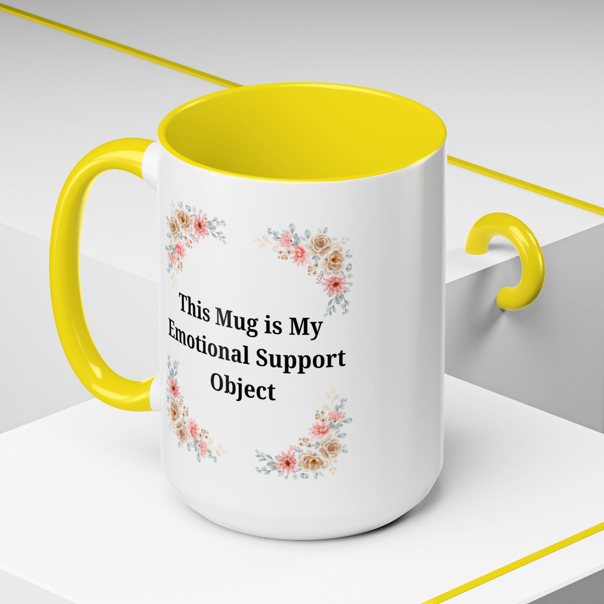 Floral accent emotional support mug with 11 oz capacity, designed by Printify, featuring colorful floral patterns and a comfortable handle.