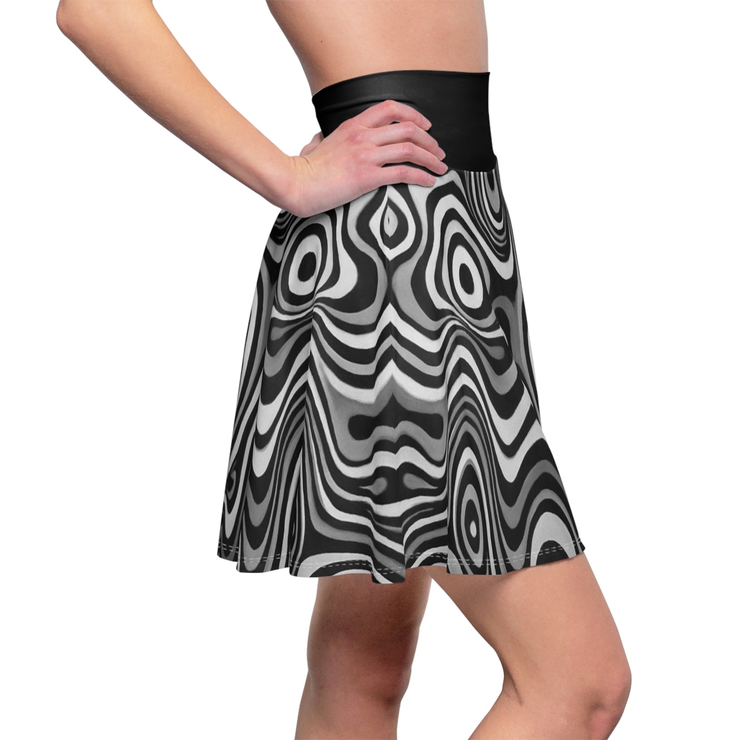 Black and white swirl skater skirt with retro print, featuring all-over colorful swirl patterns, perfect for parties and festivals.