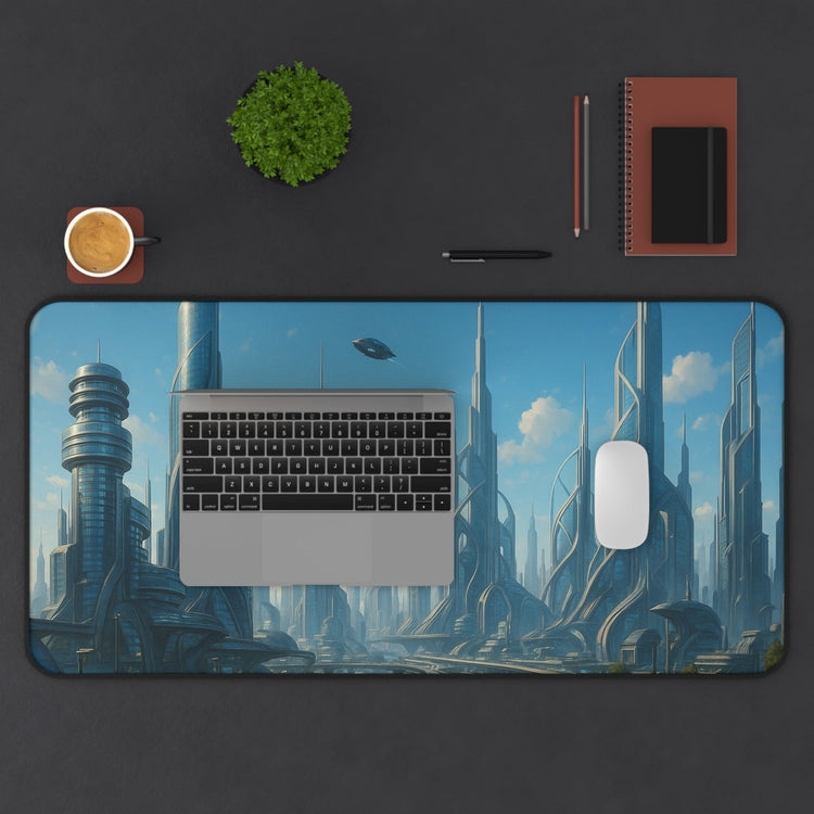 Futuristic cityscape desk mat featuring a sci-fi skyline design, ideal as a modern home decor mousepad.