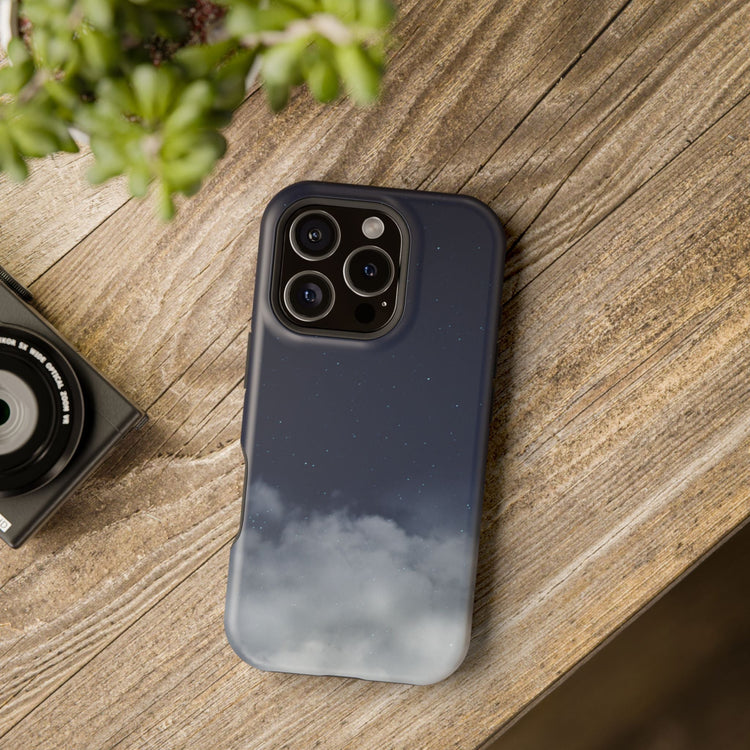 Magnetic impact-resistant phone case with foggy cloud night sky design, compatible with smartphones, by Printify.