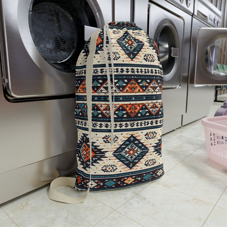 Cotton boho tribal print laundry bag with drawstring closure, styled as a home decor laundry tote by Printify.