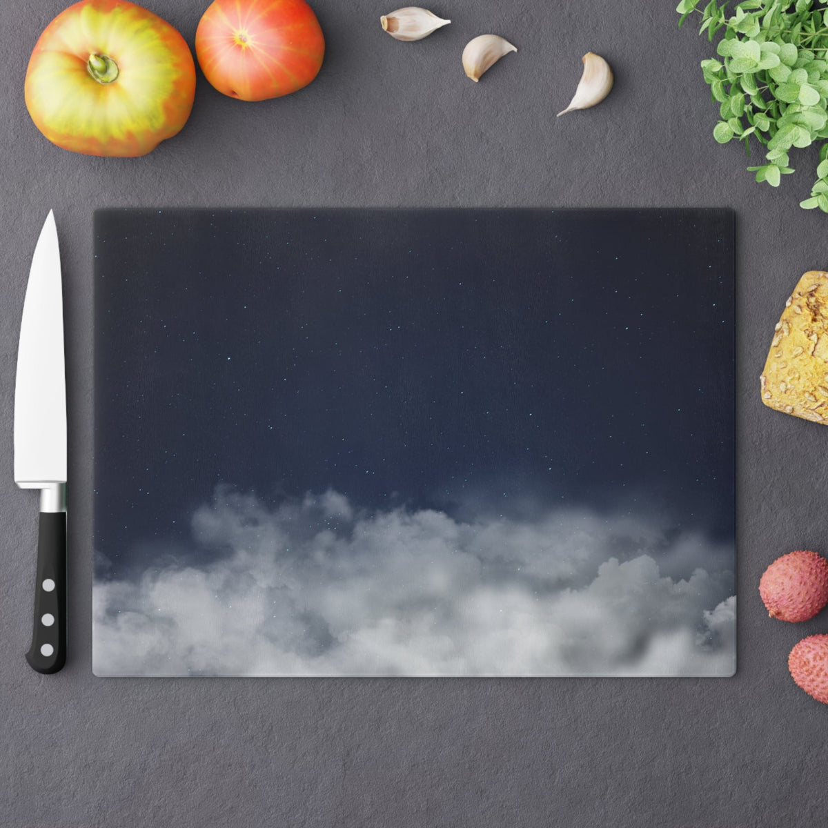 Cloudscape glass cutting board with moody mist design, perfect for kitchen decor, by Printify, featuring a serene cloud pattern.