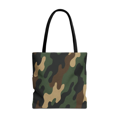 Camo pattern tote bag by Printify featuring an all-over printed canvas design, ideal for carrying everyday essentials.