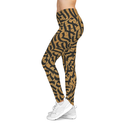 Black and gold tribal knotwork print women's leggings with all-over pattern, stylish and comfortable athletic wear by Printify.