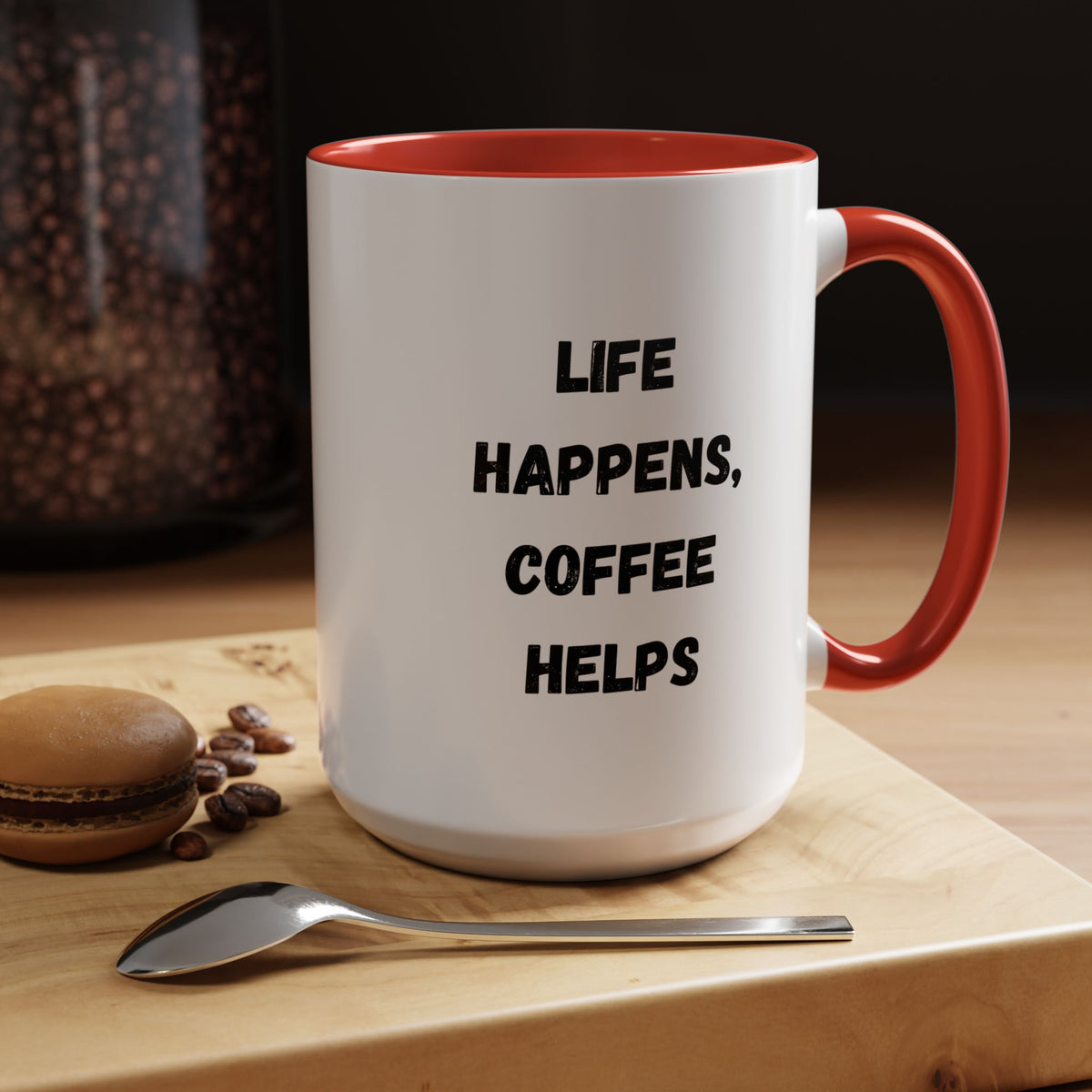 Black ceramic mug with "Life Happens Coffee Helps" text, 11oz or 15oz capacity, with black handle and rim, by Printify.