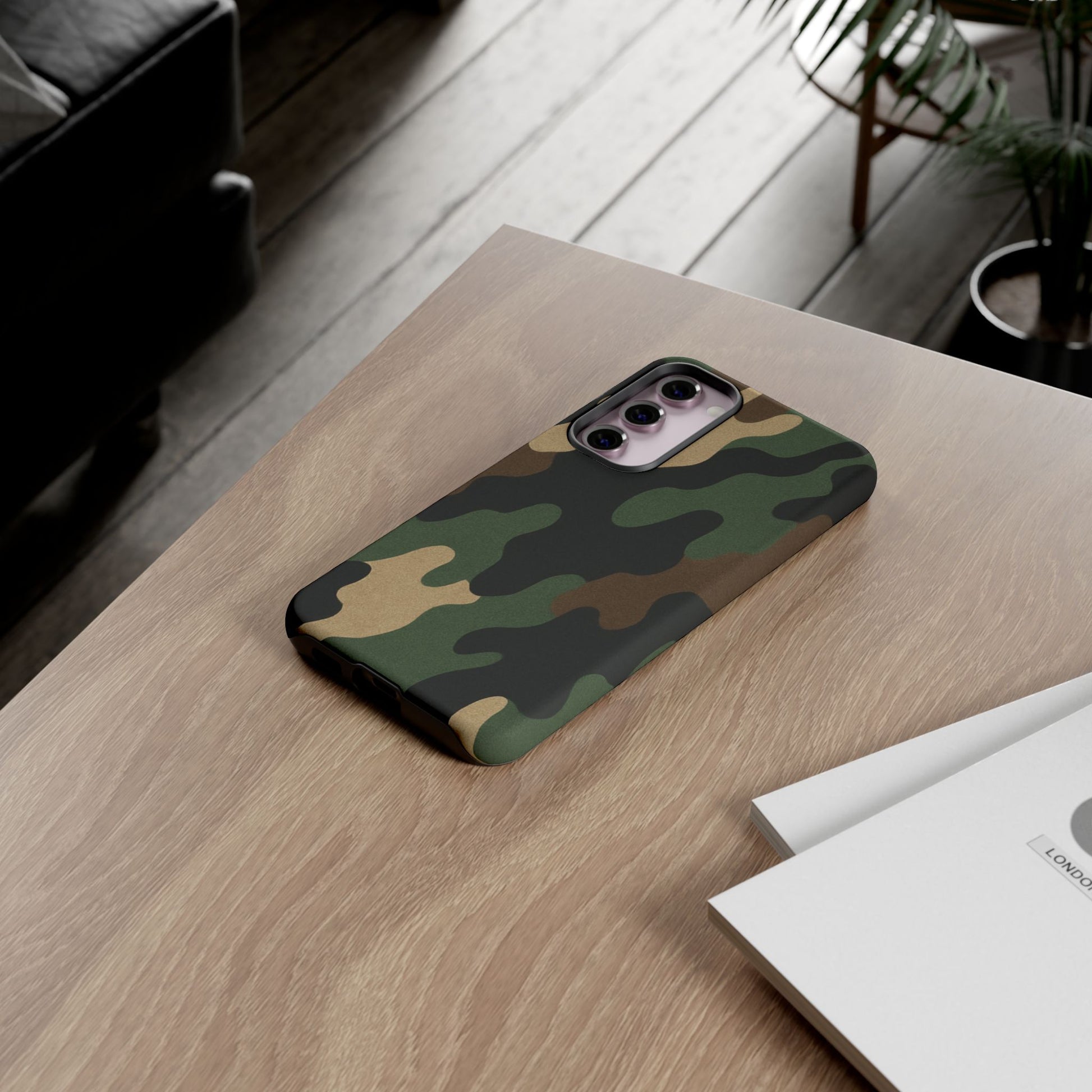 Camo Tough Phone Case in military green with rugged design, protective cover for smartphone by Printify