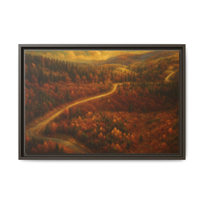 Framed matte canvas print of autumn forest road landscape wall art, showcasing vibrant fall trees and scenic nature scene.