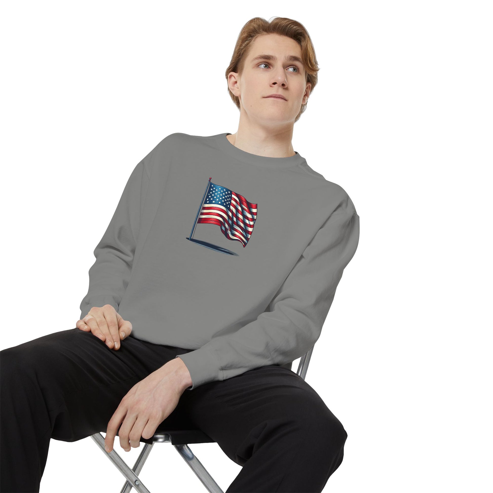 Patriotic Unisex Garment-Dyed Sweatshirt with Vintage American Flag, Cozy Fall Outfit, Statement Sweater, Gift for Veterans, Casual Fashion - TRV