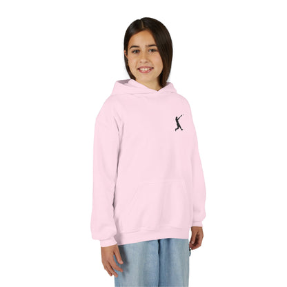 Kids youth baseball silhouette hoodie featuring a baseball player graphic on a pullover hoodie, ideal for kids' sportswear.