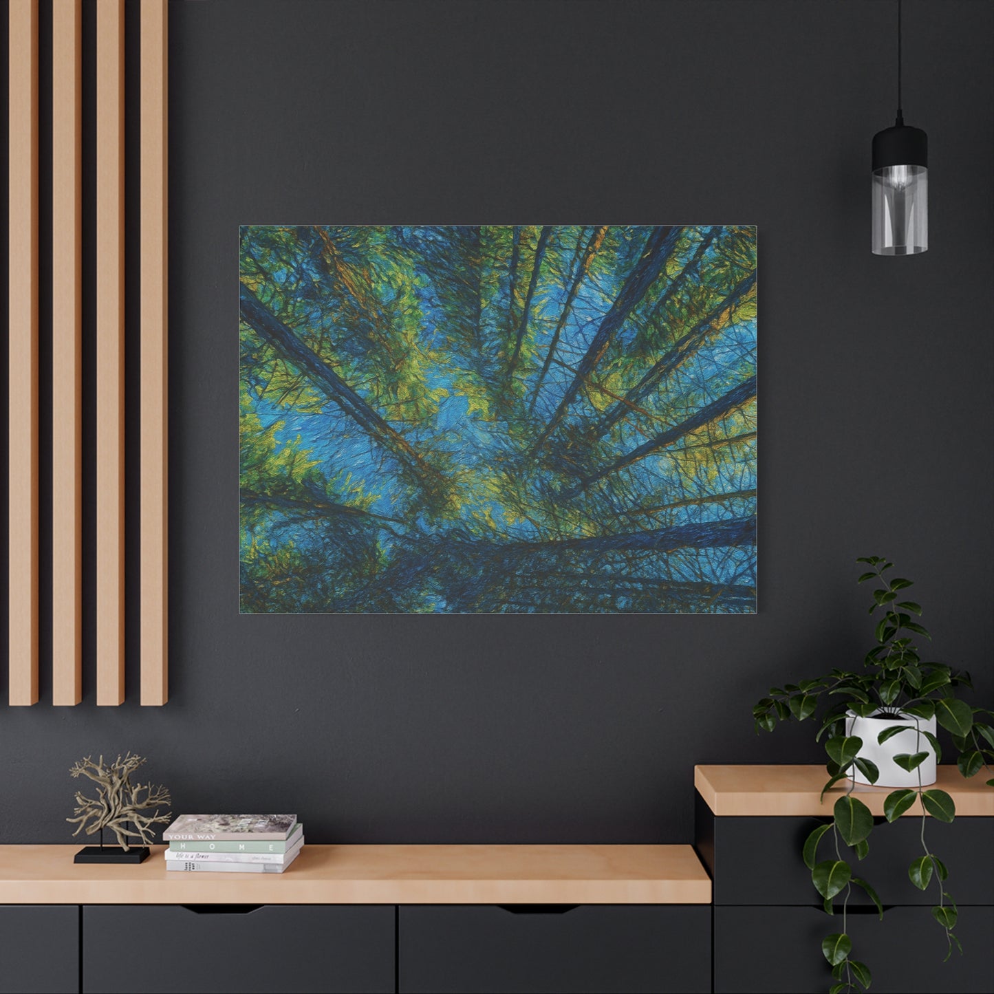 Forest Canopy Matte Canvas Wall Art — Upward View of Trees, Blue & Green Nature Print