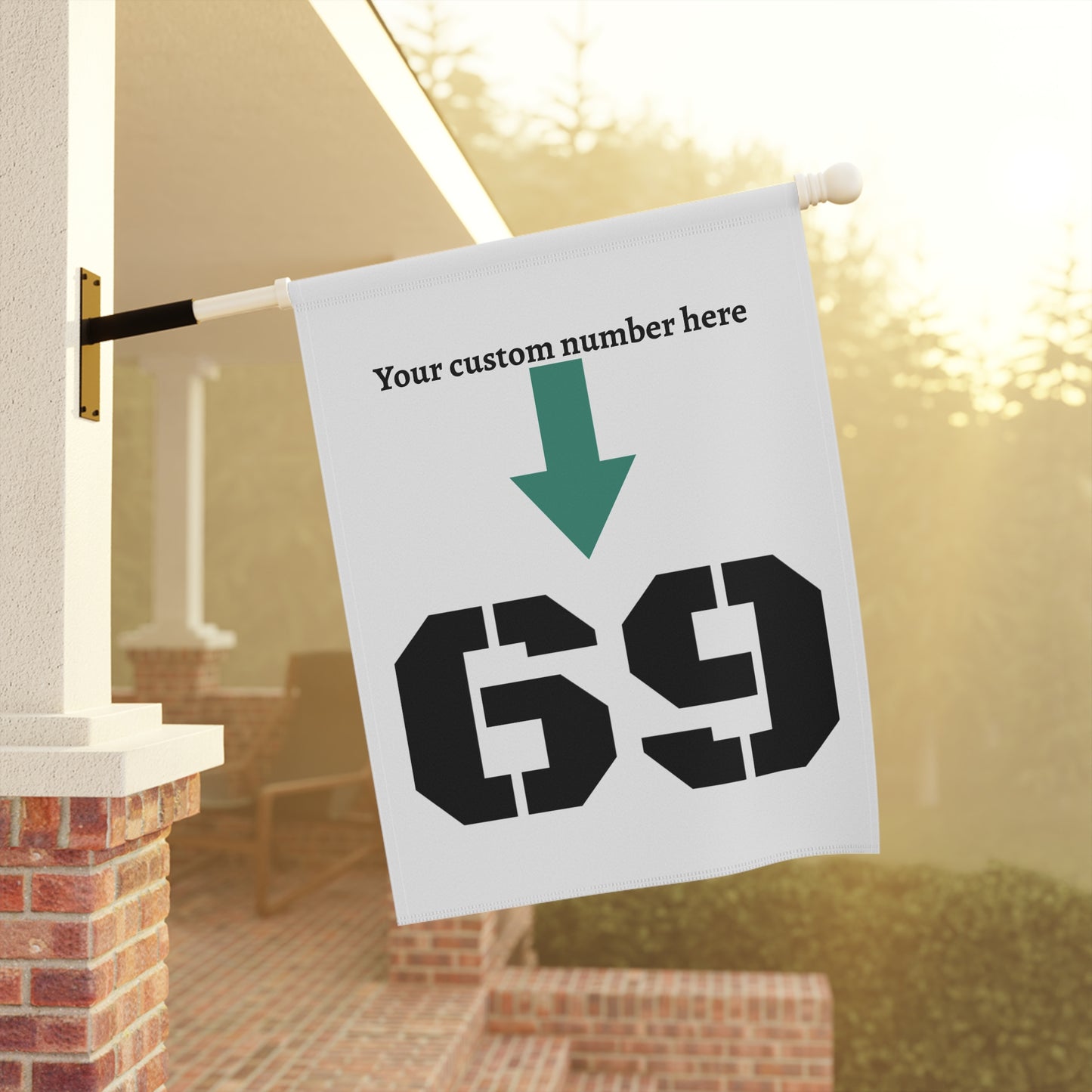 Personalized garden flag with custom house number sign, featuring vibrant colors and decorative design for outdoor garden display.