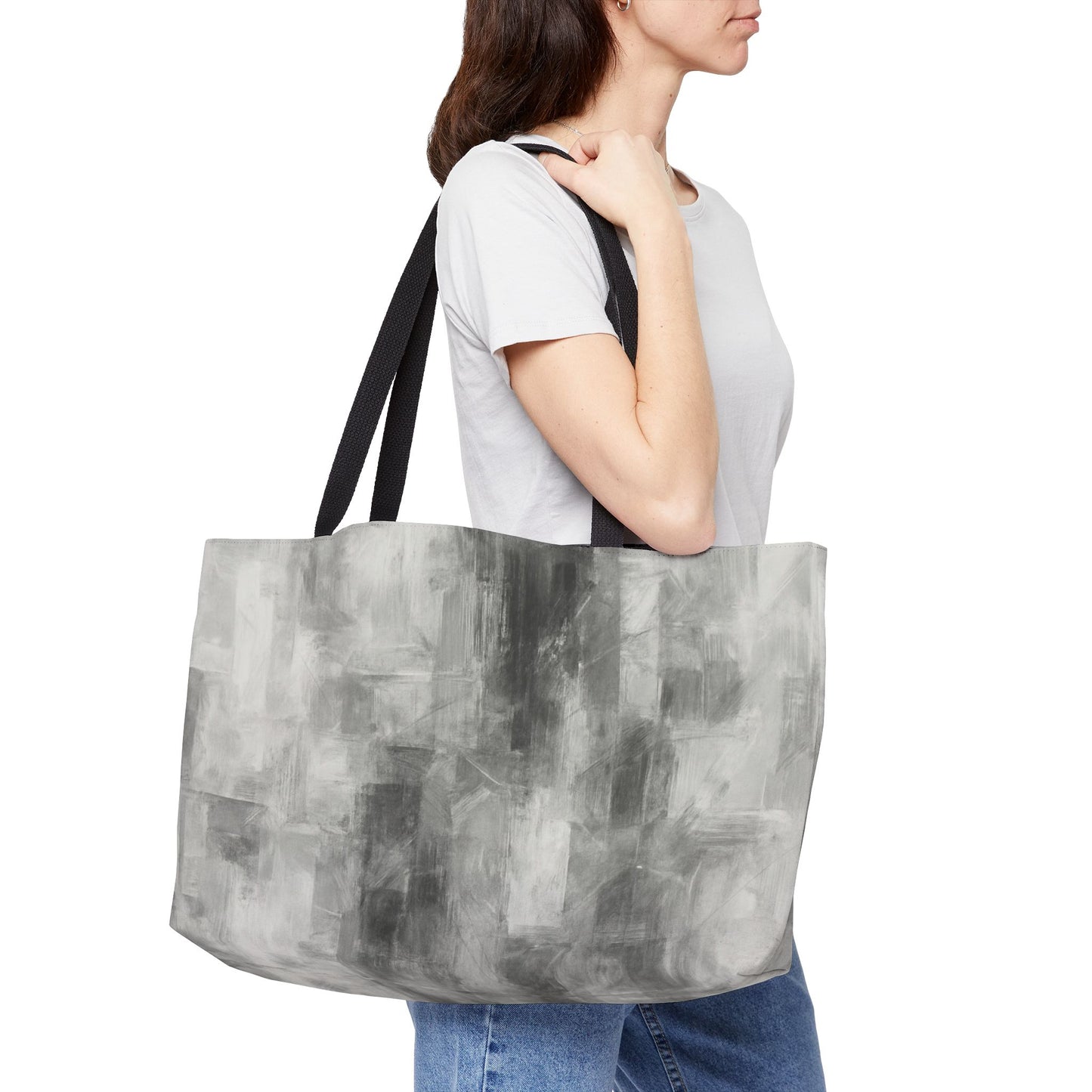 Gray abstract print weekender tote bag for women, stylish travel bag with spacious interior and comfortable handles.