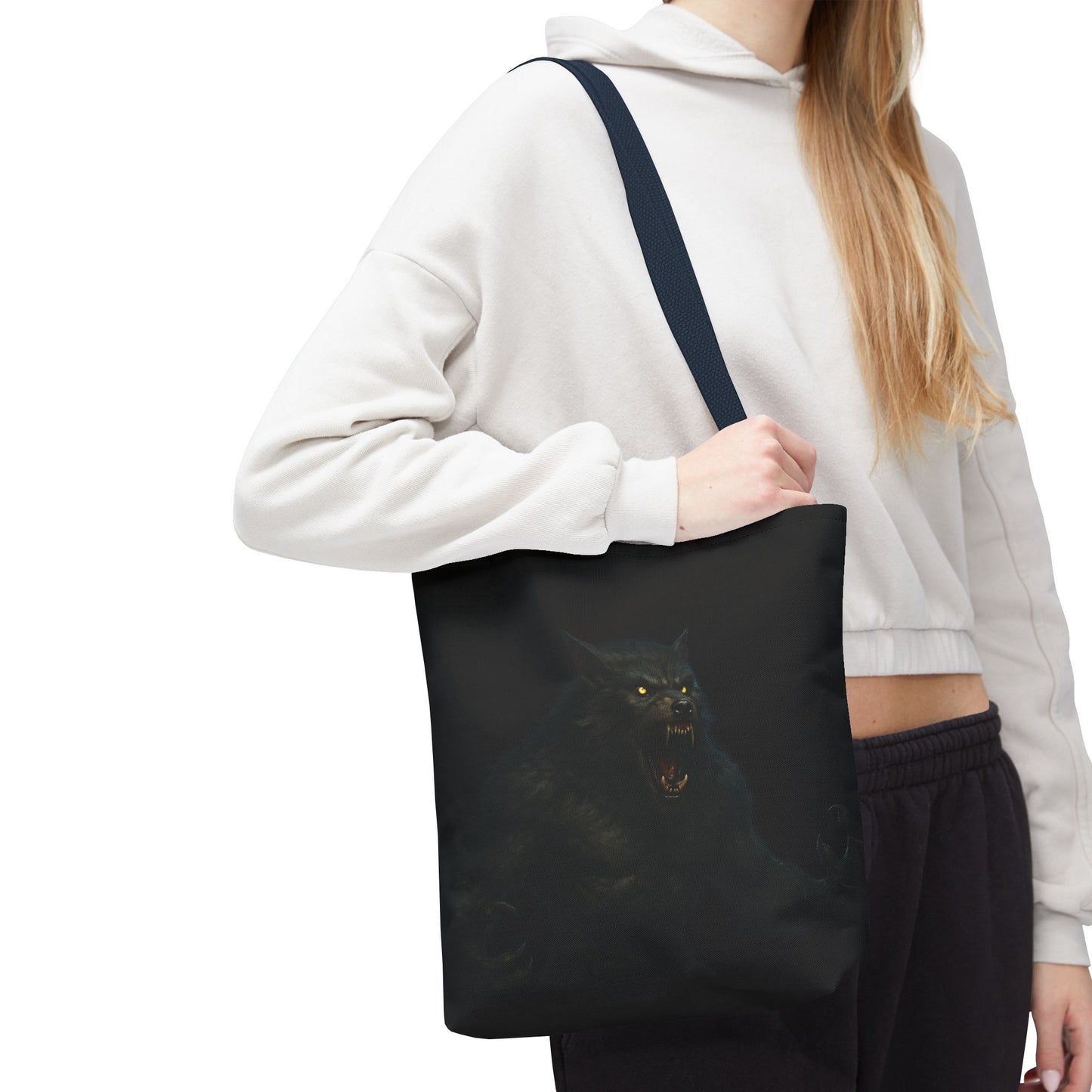 Werewolf tote bag featuring dark Halloween art, ideal for horror fans, made by Printify, with a spooky wolf design on durable bag.