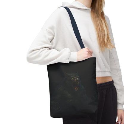 Werewolf tote bag featuring dark Halloween art, ideal for horror fans, made by Printify, with a spooky wolf design on durable bag.
