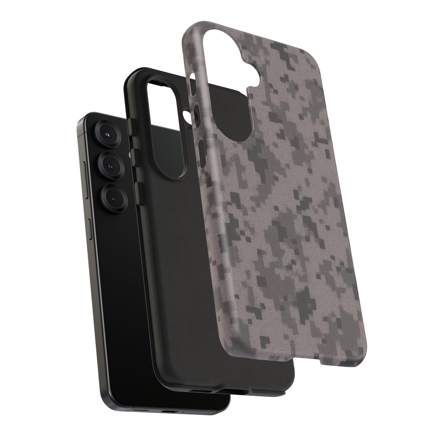 Gray digital camouflage phone case by Printify, tough protective cover for smartphones with a rugged camouflage design.