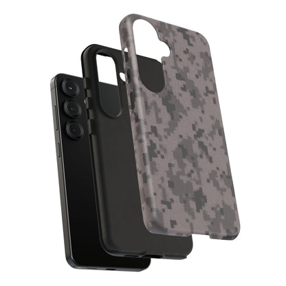 Gray digital camouflage phone case by Printify, tough protective cover for smartphones with a rugged camouflage design.