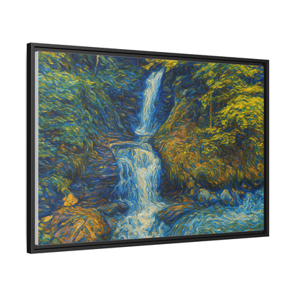 Framed matte canvas print of impressionist waterfall wall art by Printify, featuring vibrant water and lush landscape details.