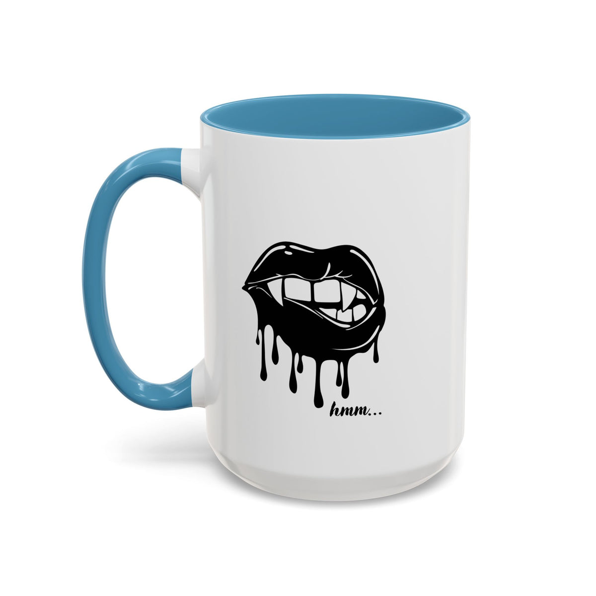 Black accent Dripping Bite coffee mug by Printify, 11oz or 15oz size, featuring a unique dripping bite design on a ceramic mug.