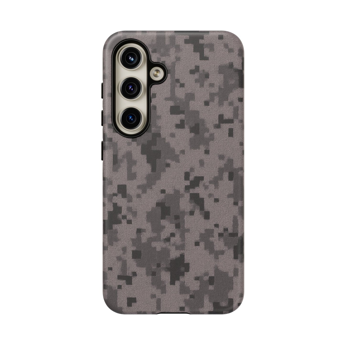 Gray digital camouflage phone case by Printify, tough protective cover for smartphones with a modern camouflage pattern.