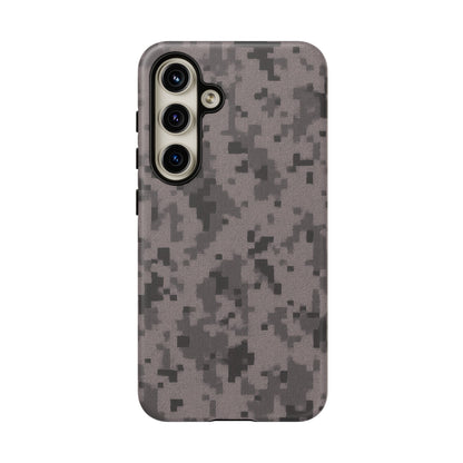 Gray digital camouflage phone case by Printify, tough protective cover for smartphones with a modern camouflage pattern.