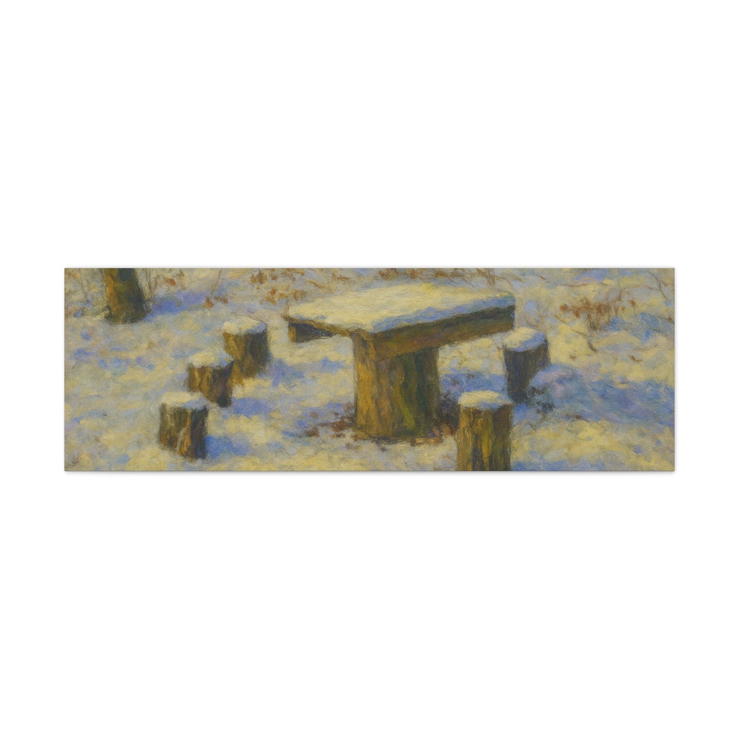 Winter landscape canvas wall art featuring a snowy forest scene, matte stretched print by Printify.