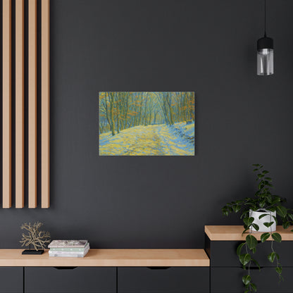 Winter landscape canvas wall art by Printify showing a cozy snowy nature scene, perfect for living room decor.