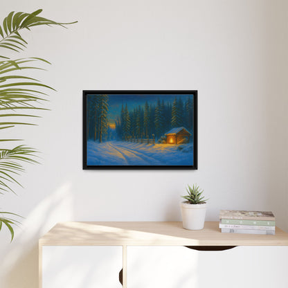Cozy winter cabin matte framed canvas wall art featuring a snowy forest scene at evening, perfect for winter home decor.