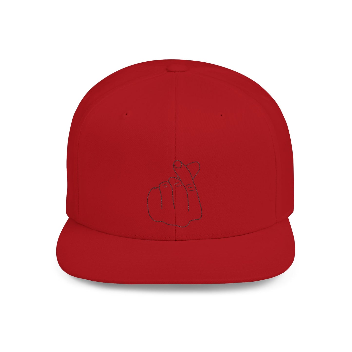 Black minimalist snapback hat with hand gesture flat bill design, by Printify, showcasing a modern, stylish accessory for casual wear.
