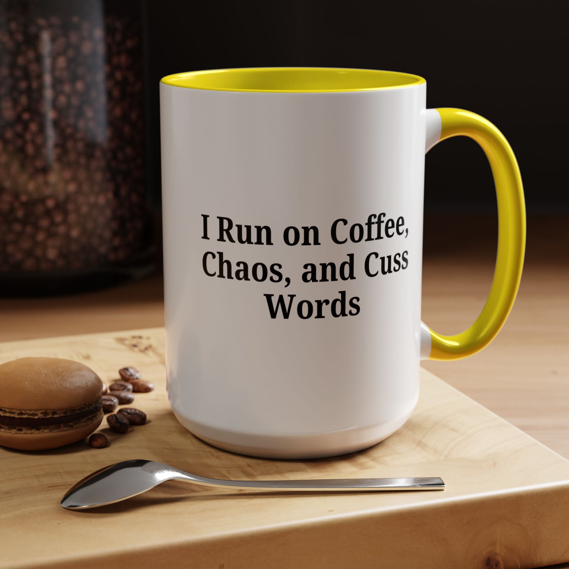 Funny Black Accent Coffee Mug - "I Run on Coffee, Chaos, and Cuss Words" - Ideal Gift for Coffee Lovers - TRV