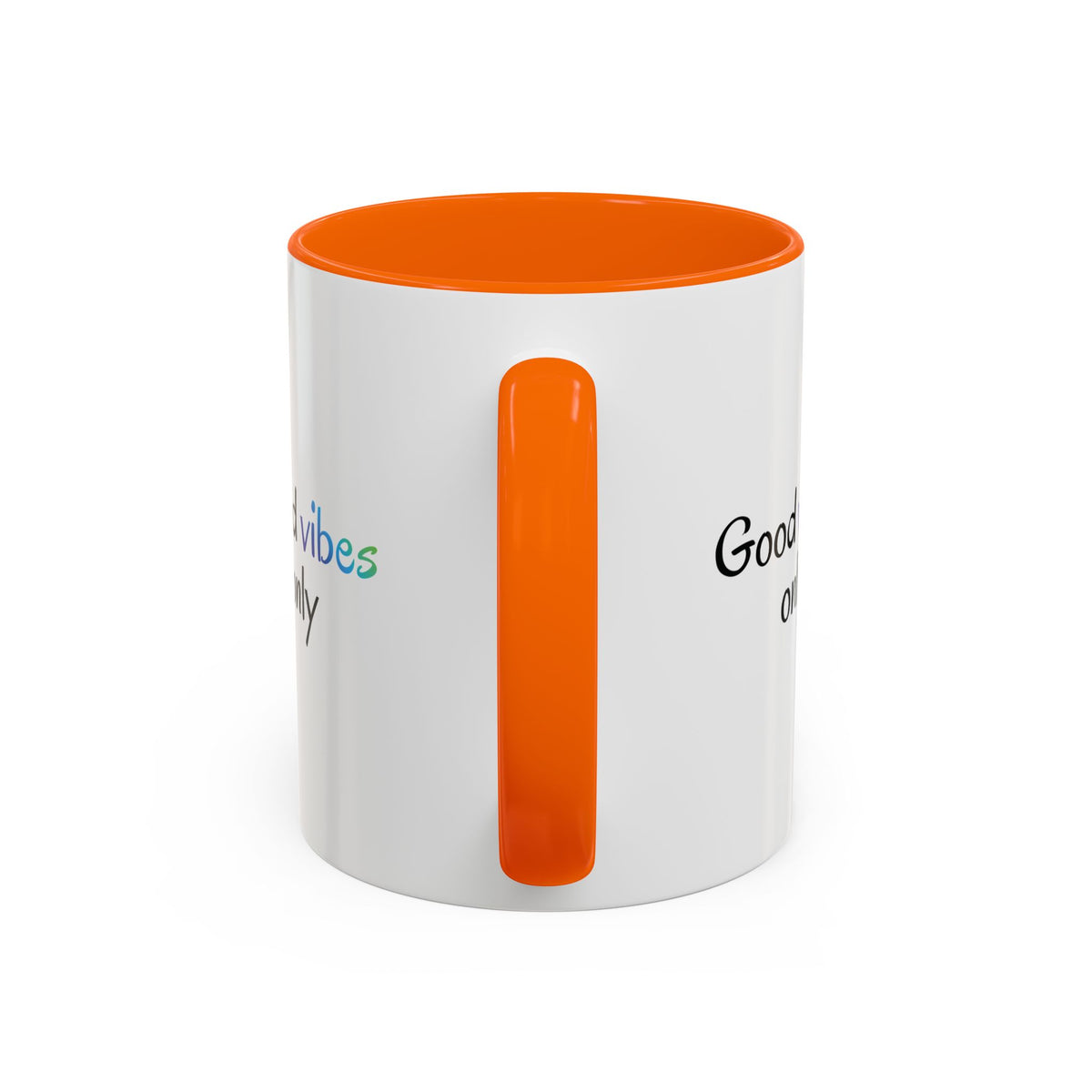 Printify Good Vibes Only accent coffee mug with positive inspirational quote, perfect for morning tea or coffee.