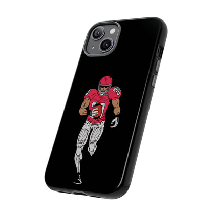 Black football player tough phone case for iPhone, protective sports design by Printify, featuring a dynamic athletic graphic.