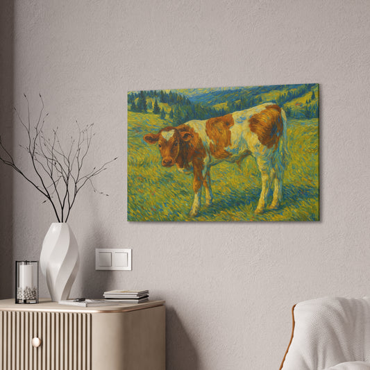 Rustic farmhouse canvas print of a cow in a meadow, featuring detailed artwork on a Printify canvas wall art piece.