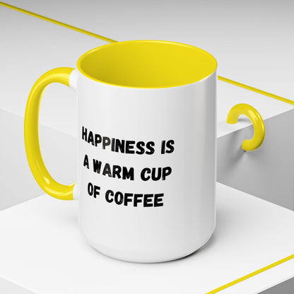 Ceramic coffee mug with "Happiness Is A Warm Cup Of Coffee" slogan, white accent mug from Printify with black text.