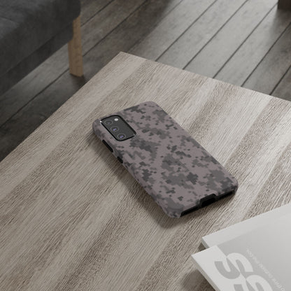 Gray digital camouflage phone case by Printify, tough protective cover for smartphones with a modern camouflage design.