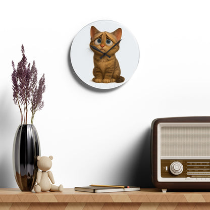 Sad Cartoon Kitten Acrylic Wall Clock – Cute Nursery Cat Decor