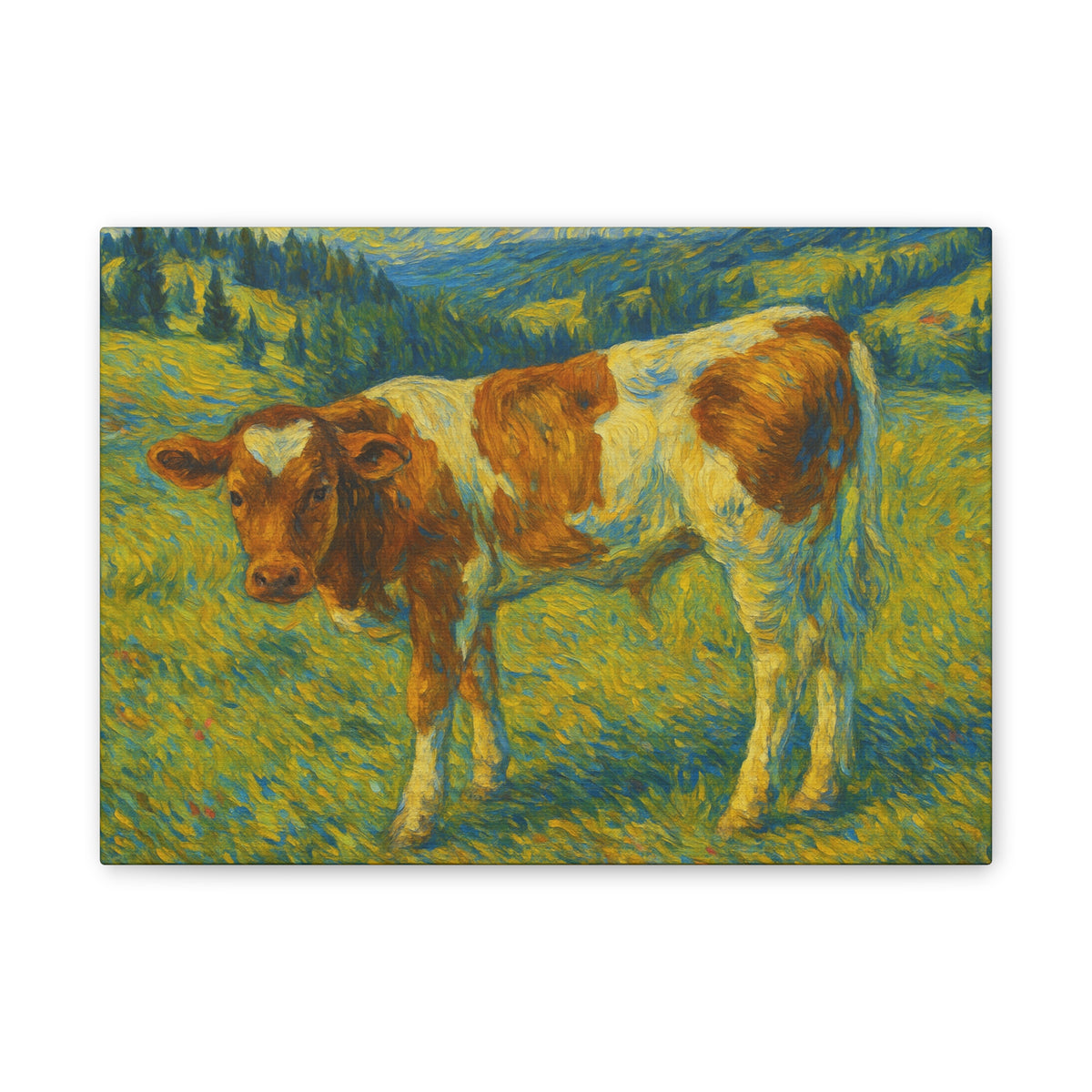 Rustic farmhouse canvas print of a cow standing in a green meadow, featuring natural farm scenery and vibrant colors.