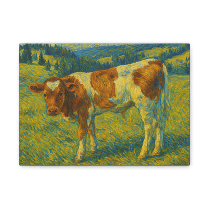 Rustic farmhouse canvas print of a cow standing in a green meadow, featuring natural farm scenery and vibrant colors.
