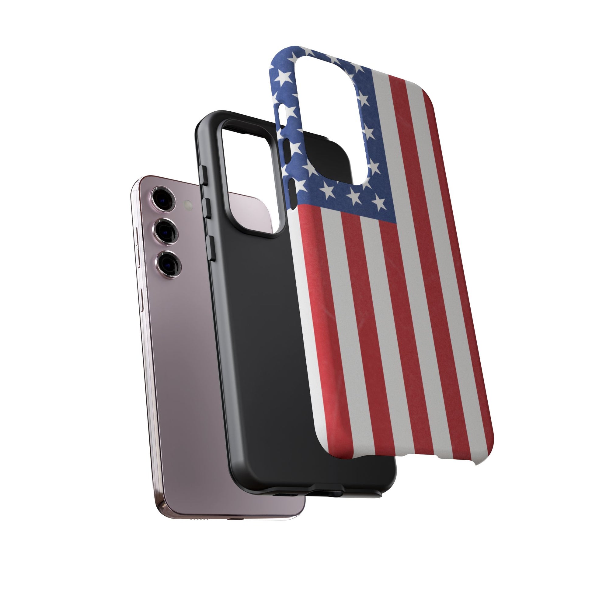 American flag tough phone case for iPhone and Samsung, patriotic protective cover with bold flag design by Printify.