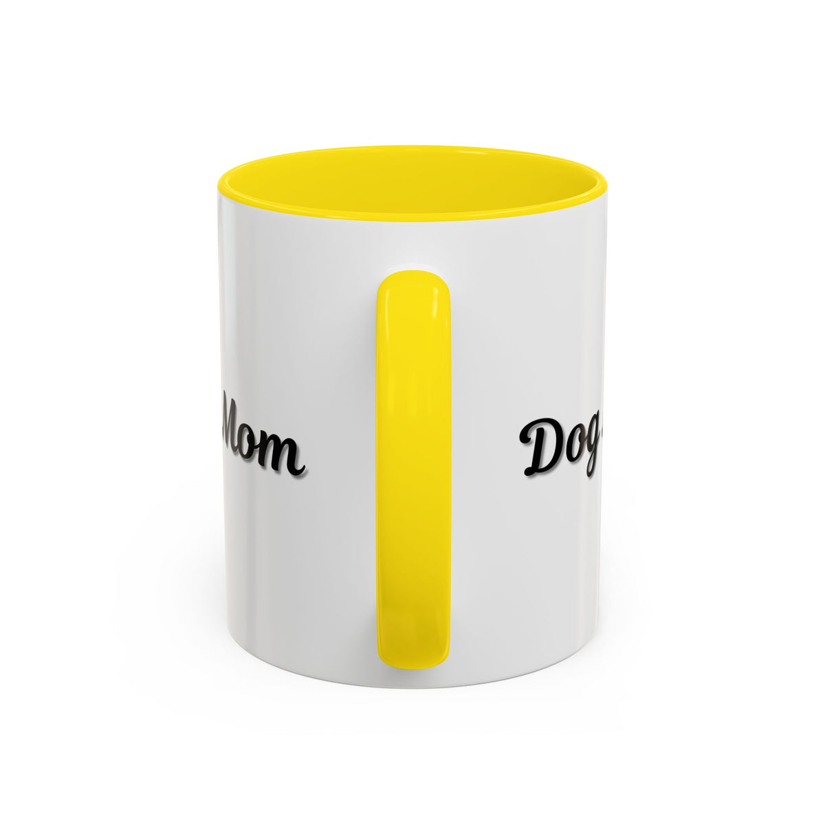 Dog Mom Accent Coffee Mug — white ceramic coffee mug with retro script "Dog Mom" print, colored interior and C-handle, 11oz/15oz, top-down view