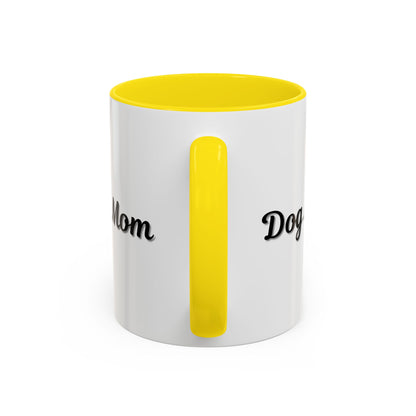 Dog Mom Accent Coffee Mug — white ceramic coffee mug with retro script "Dog Mom" print, colored interior and C-handle, 11oz/15oz, top-down view