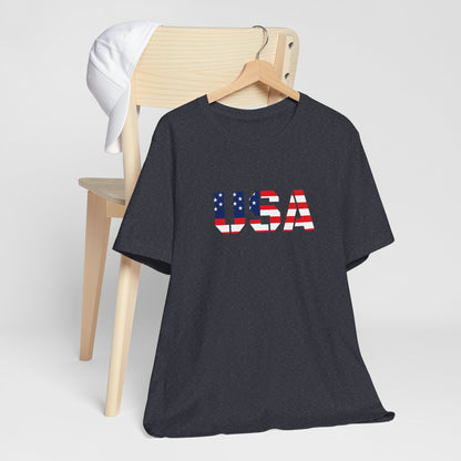 USA Flag Text Tee — Patriotic Fourth of July T-Shirt