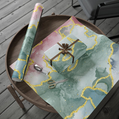 Marble Swirl Wrapping Paper Roll — Pink, Green & Gold Abstract Gift Wrap