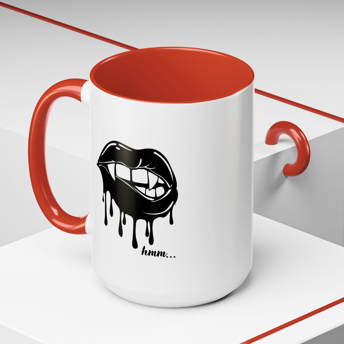 Black Dripping Lips Accent Coffee Mug with Bite Graphic, 11oz or 15oz, by Printify, featuring bold lip design and modern style.