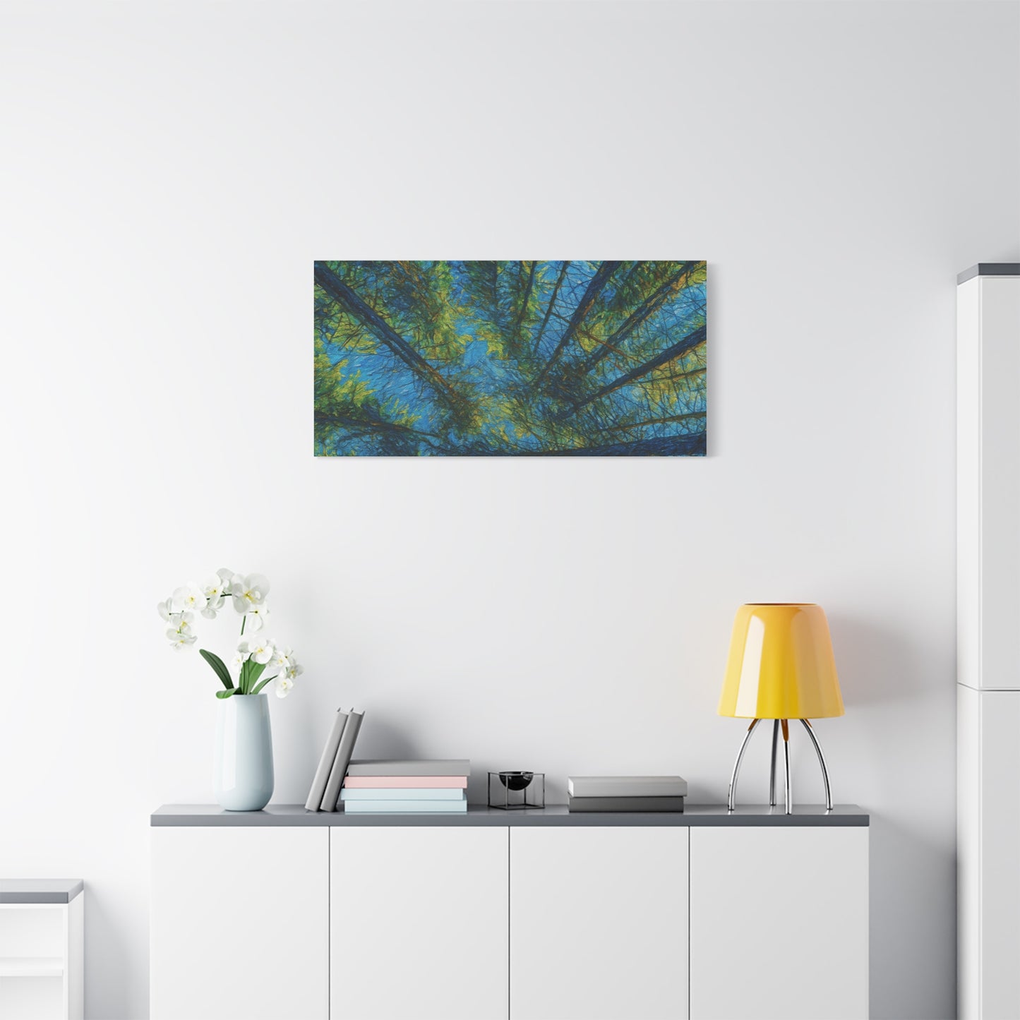 Forest Canopy Matte Canvas Wall Art — Upward View of Trees, Blue & Green Nature Print