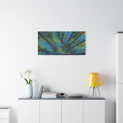 Forest Canopy Matte Canvas Wall Art — Upward View of Trees, Blue & Green Nature Print