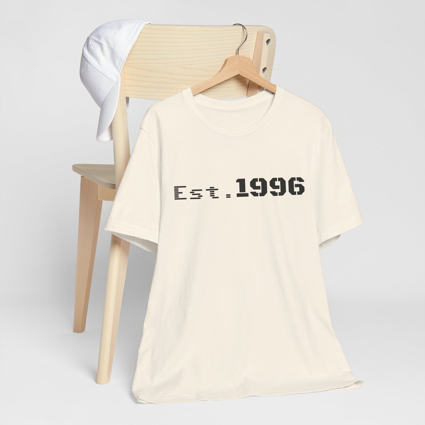 Vintage Est. 1996 T-shirt by Printify featuring a classic design, perfect as a birth year birthday gift, shown in the image.