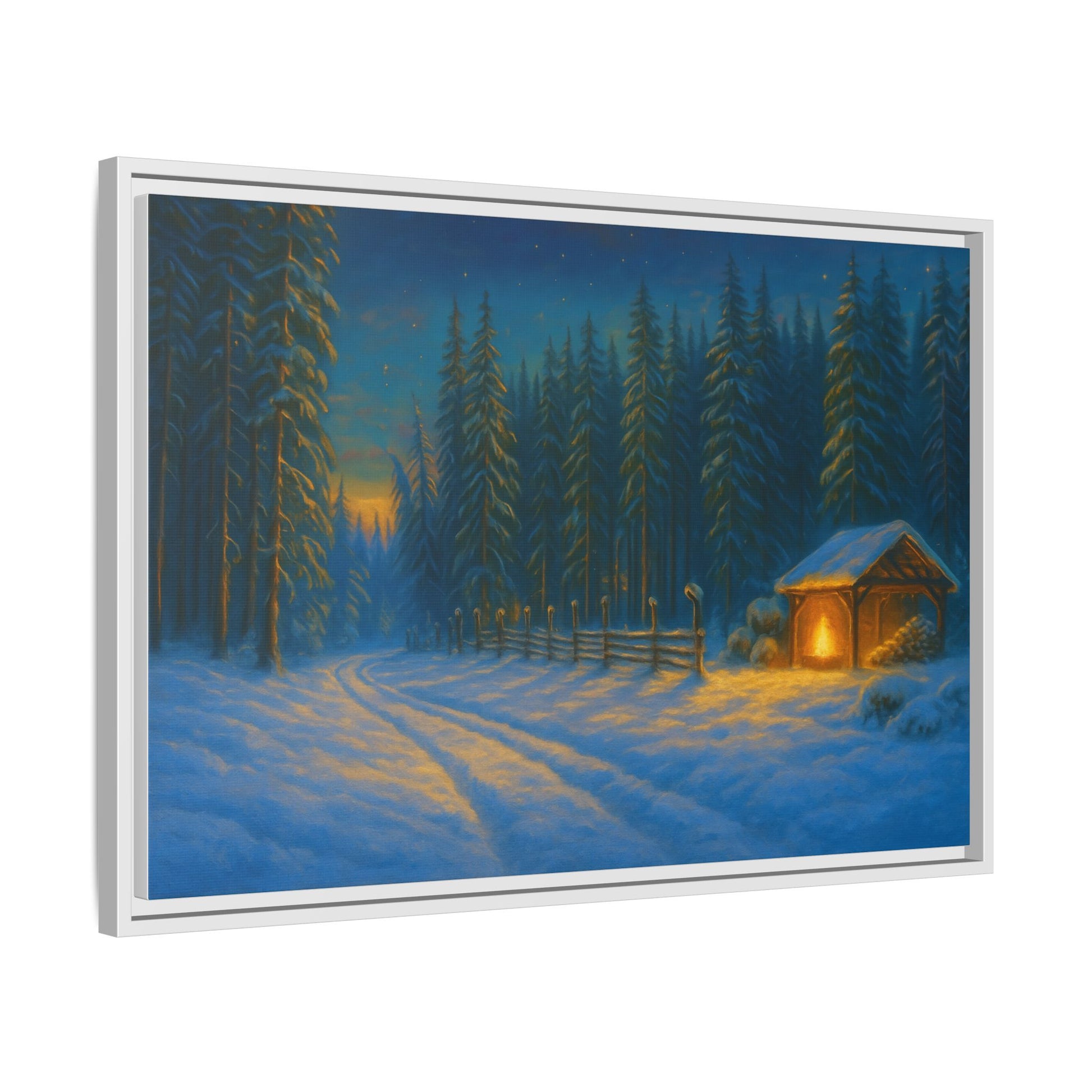 Cozy winter cabin matte framed canvas wall art featuring a snowy forest evening scene, perfect for winter home decor.